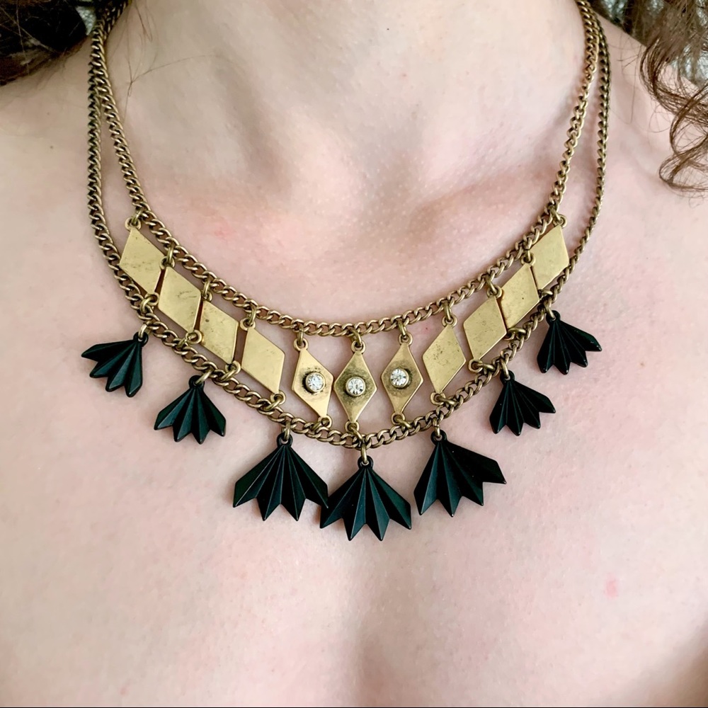 J.Crew Gold Black Collar Necklace Statement Chunky Glam Homecoming Prom Evening - Picture 4 of 4
